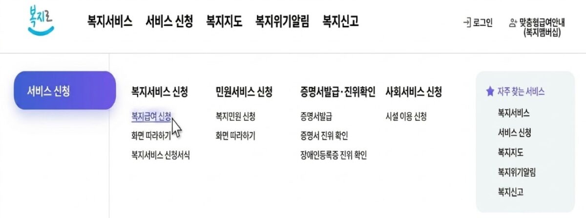 복지로 웹사이트에 복지급여 신청 경로 캡쳐 이미지.